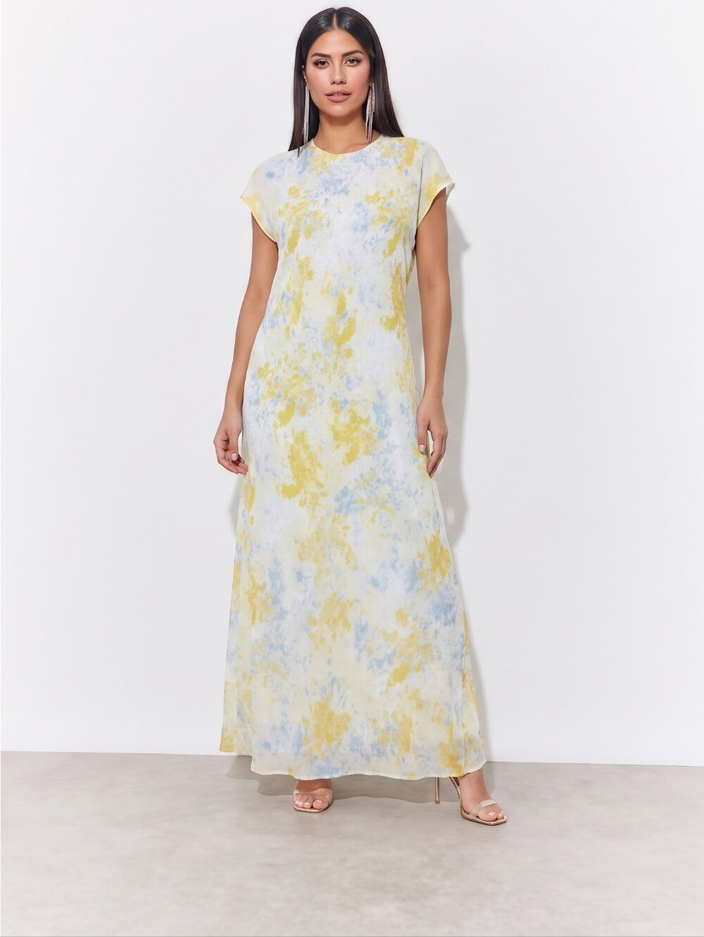 Calvin Klein Women's Butter Yellow Abstract Print Fairy Maxi Dress. Sz L